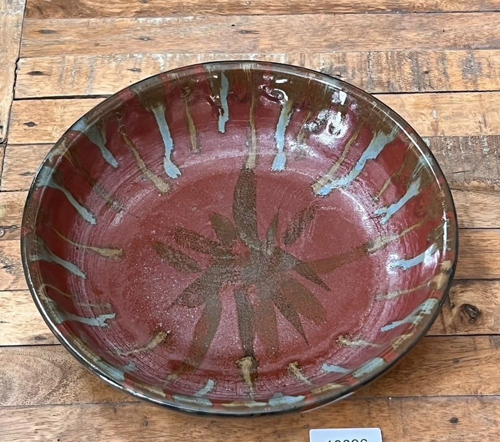 Studio Art Pottery Ceramic Bowl 12" Brick Red With Blue and Brown Drip Glaze